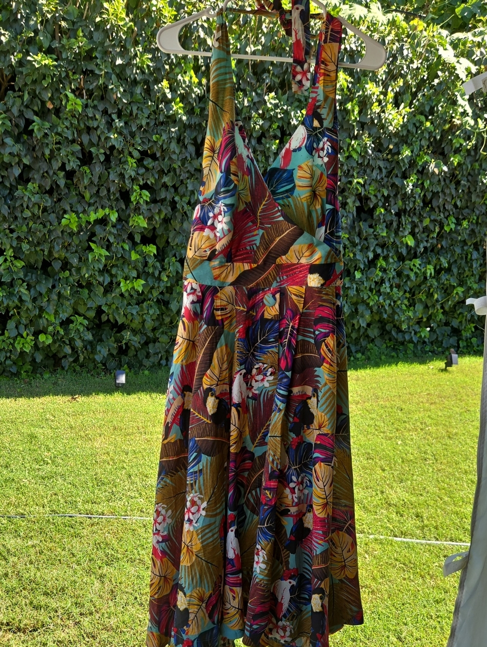 Unique Vintage Tropical Floral Midi Halter Dress in Teal, Mustard & Burgundy